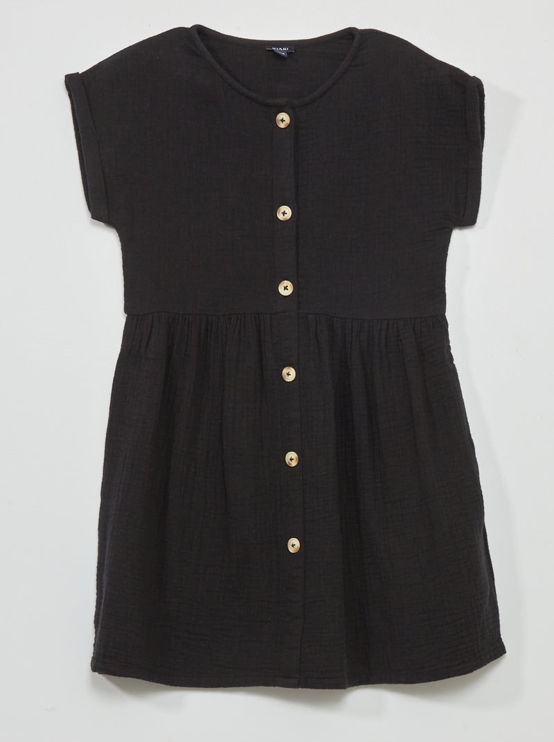 Vestido em gaze de algodão com botões Preto - Kiabi