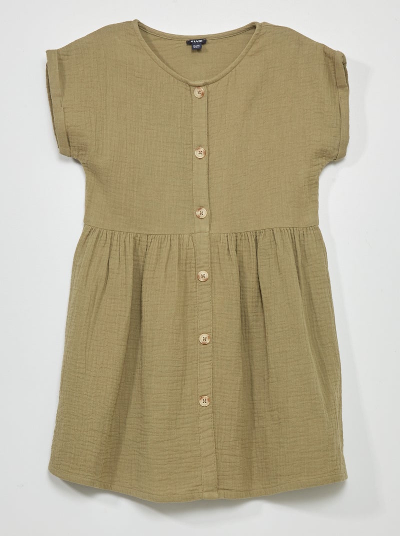 Vestido em gaze de algodão com botões Verde Lichene - Kiabi