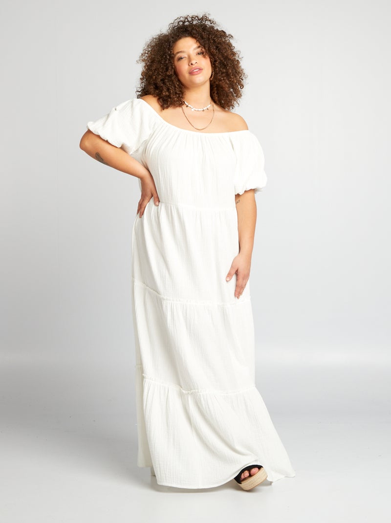 Vestido em gaze de algodão com gola bardot BRANCO - Kiabi