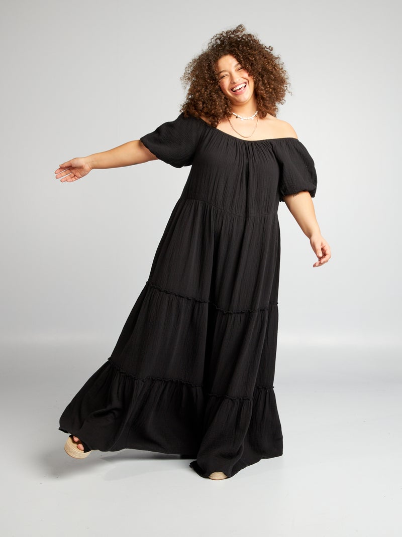 Vestido em gaze de algodão com gola bardot Preto - Kiabi
