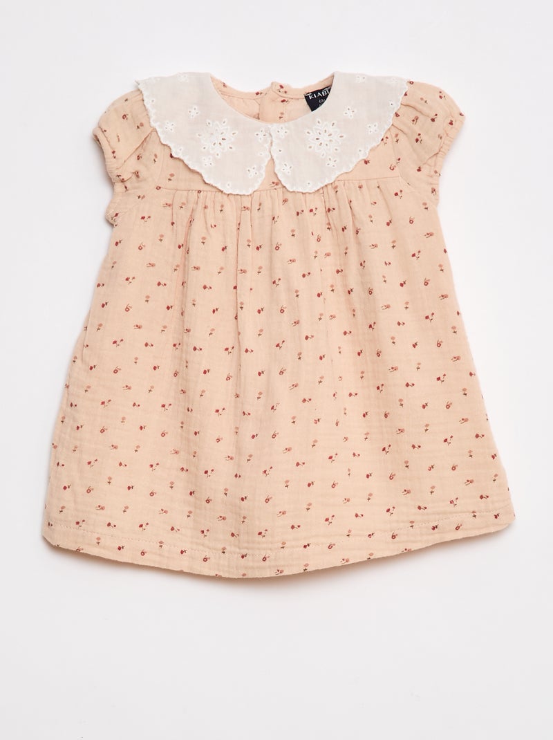 Vestido em gaze de algodão com gola claudine Bege - Kiabi