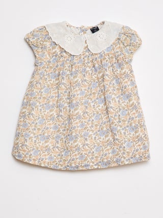 Vestido em gaze de algodão com gola claudine