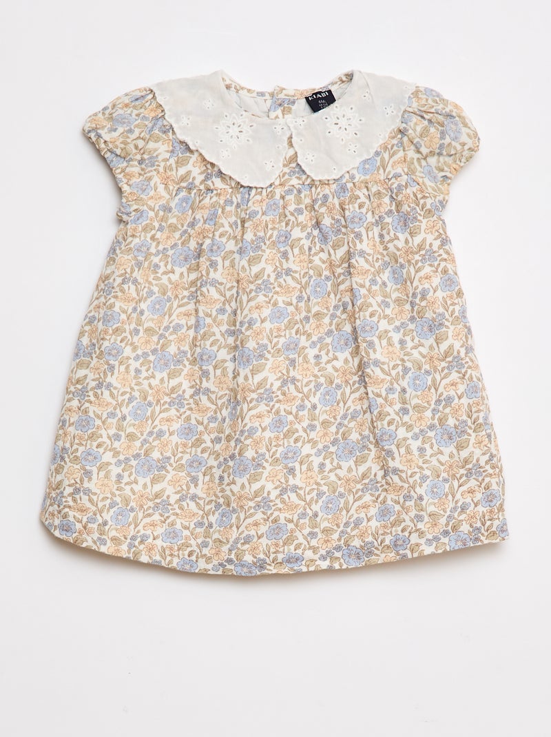 Vestido em gaze de algodão com gola claudine Branco - Kiabi