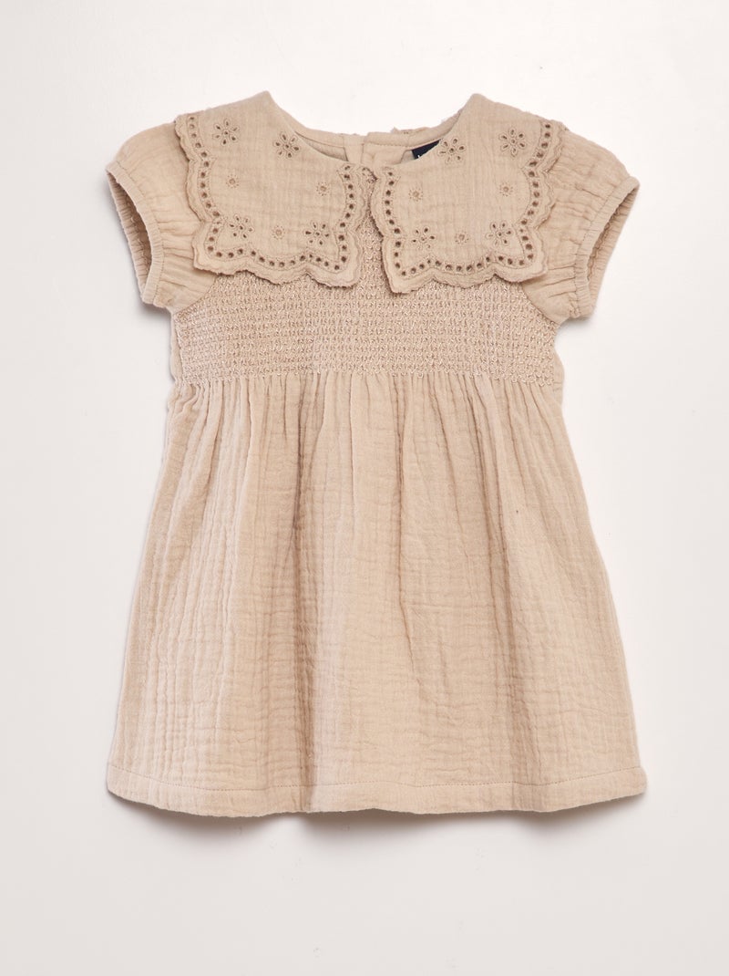 Vestido em gaze de algodão com gola claudine CINZA - Kiabi