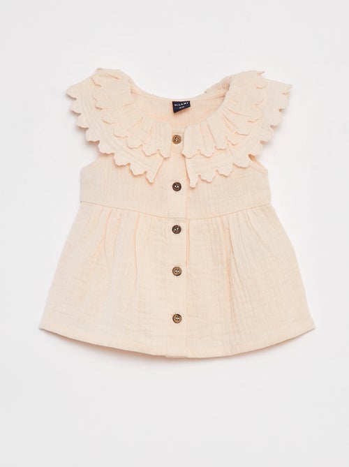 Vestido em gaze de algodão com gola com folhos - Kiabi