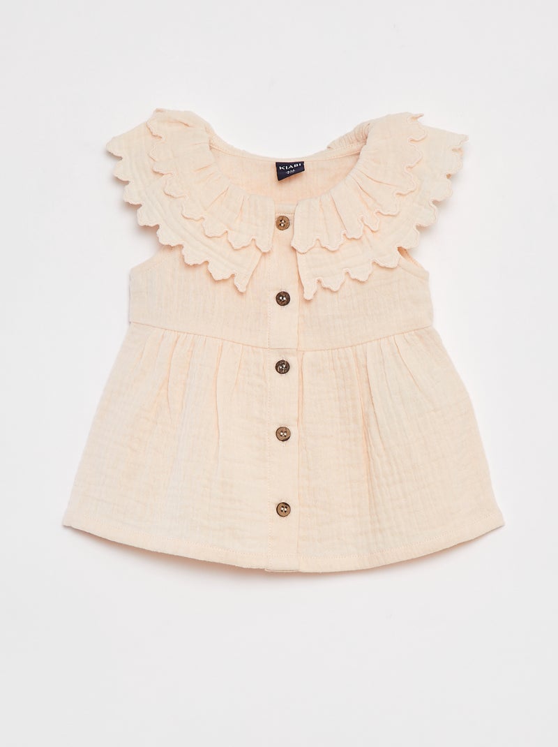 Vestido em gaze de algodão com gola com folhos BEGE - Kiabi