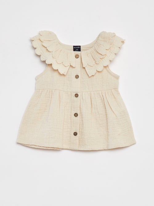 Vestido em gaze de algodão com gola com folhos - Kiabi