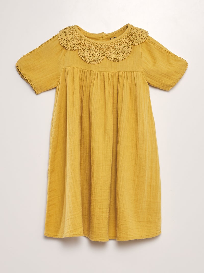 Vestido em gaze de algodão com gola de renda AMARELO - Kiabi