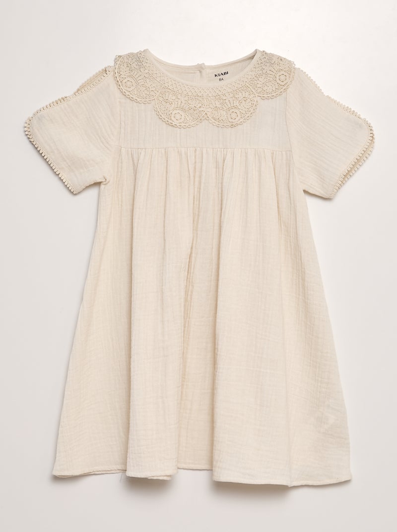 Vestido em gaze de algodão com gola de renda BRANCO - Kiabi