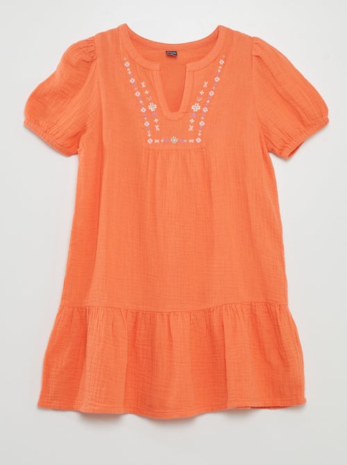 Vestido em gaze de algodão com mangas em balão - Kiabi