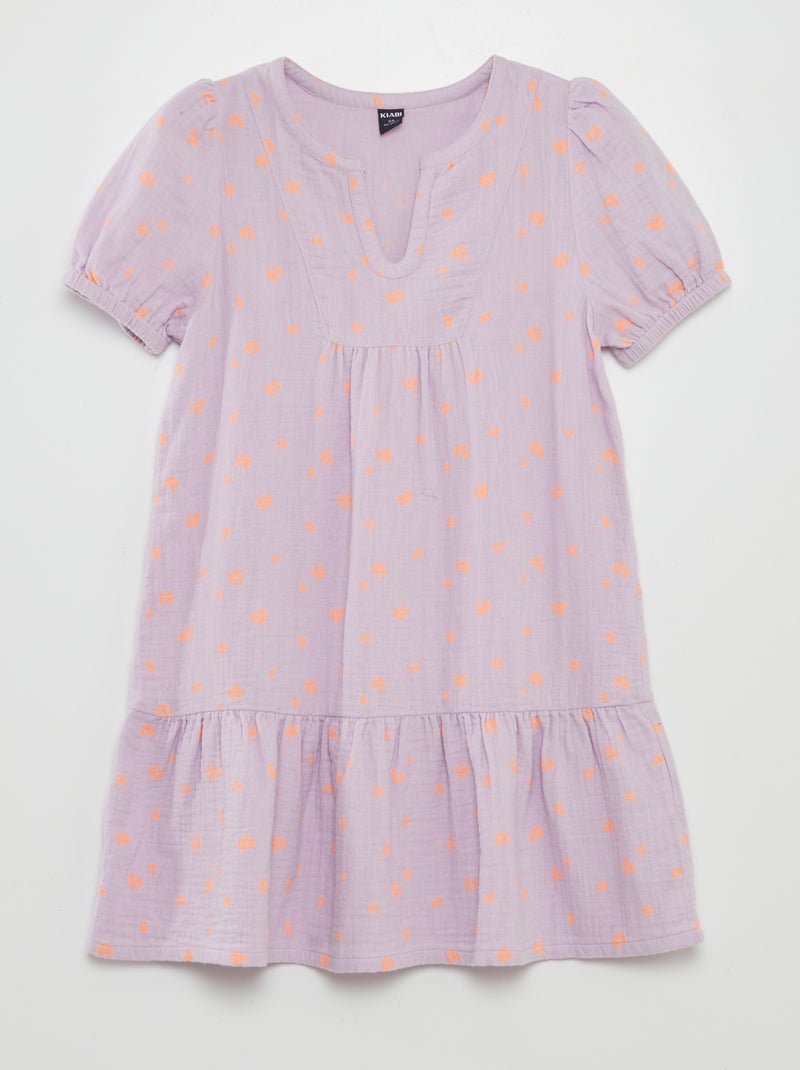 Vestido em gaze de algodão com mangas em balão VIOLETA - Kiabi