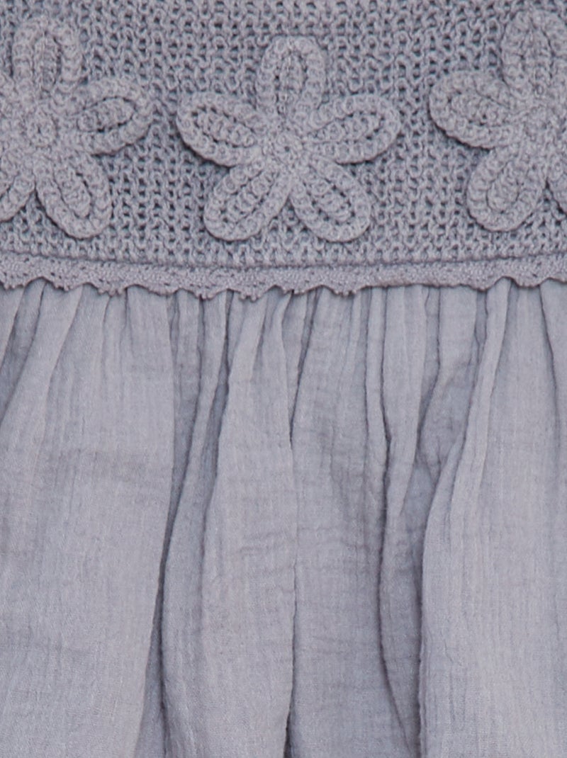 Vestido em gaze de algodão com motivos em croché AZUL - Kiabi