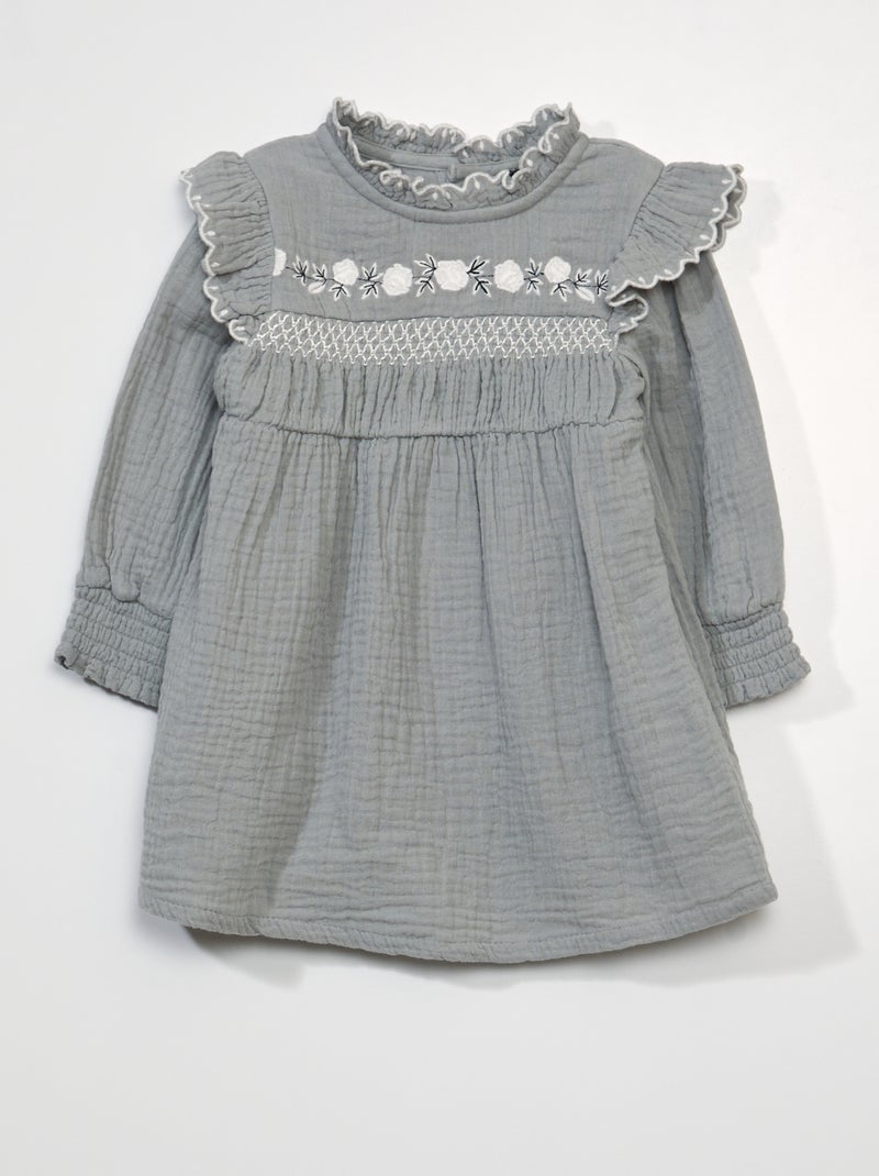 Vestido em gaze de algodão de manga comprida AZUL - Kiabi