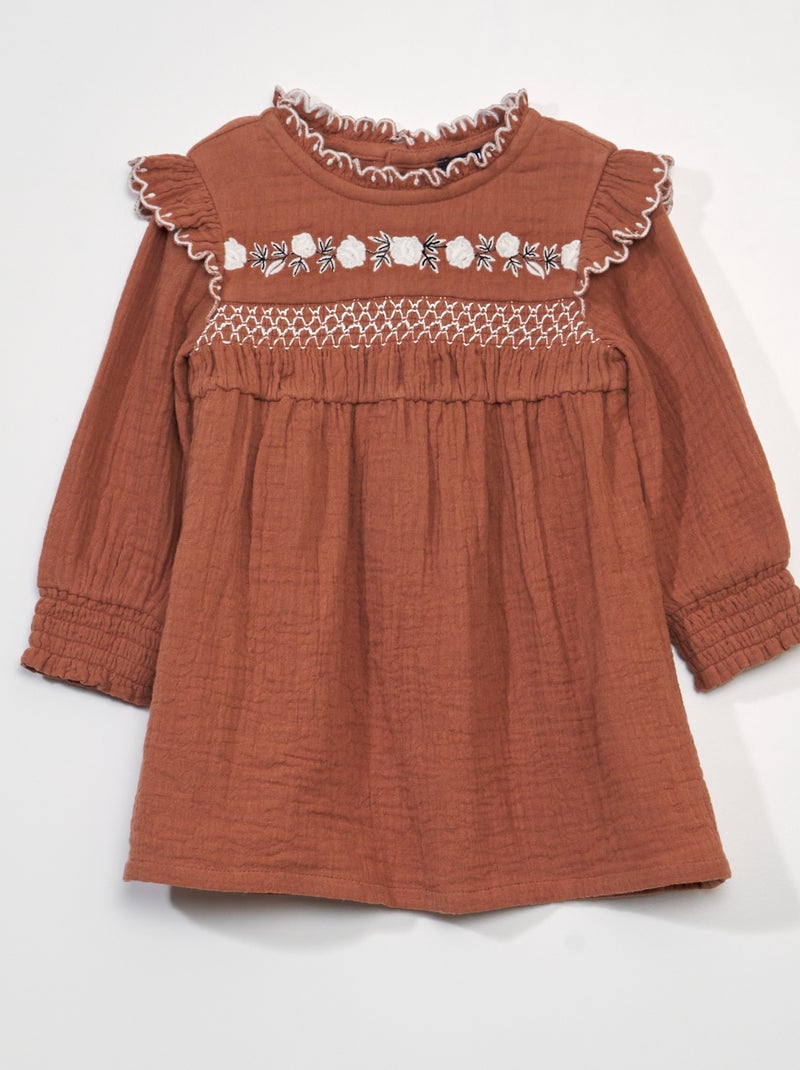 Vestido em gaze de algodão de manga comprida LARANJA - Kiabi