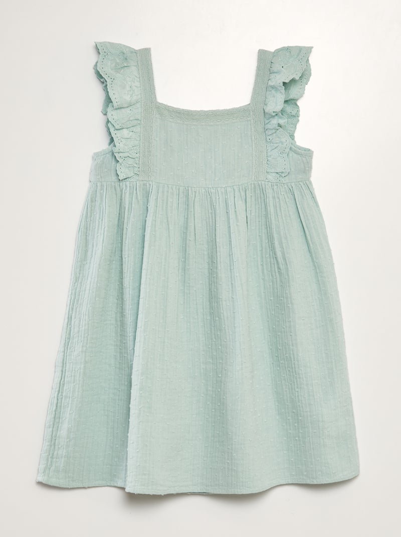 Vestido em gaze dupla de algodão + bordado Azul - Kiabi
