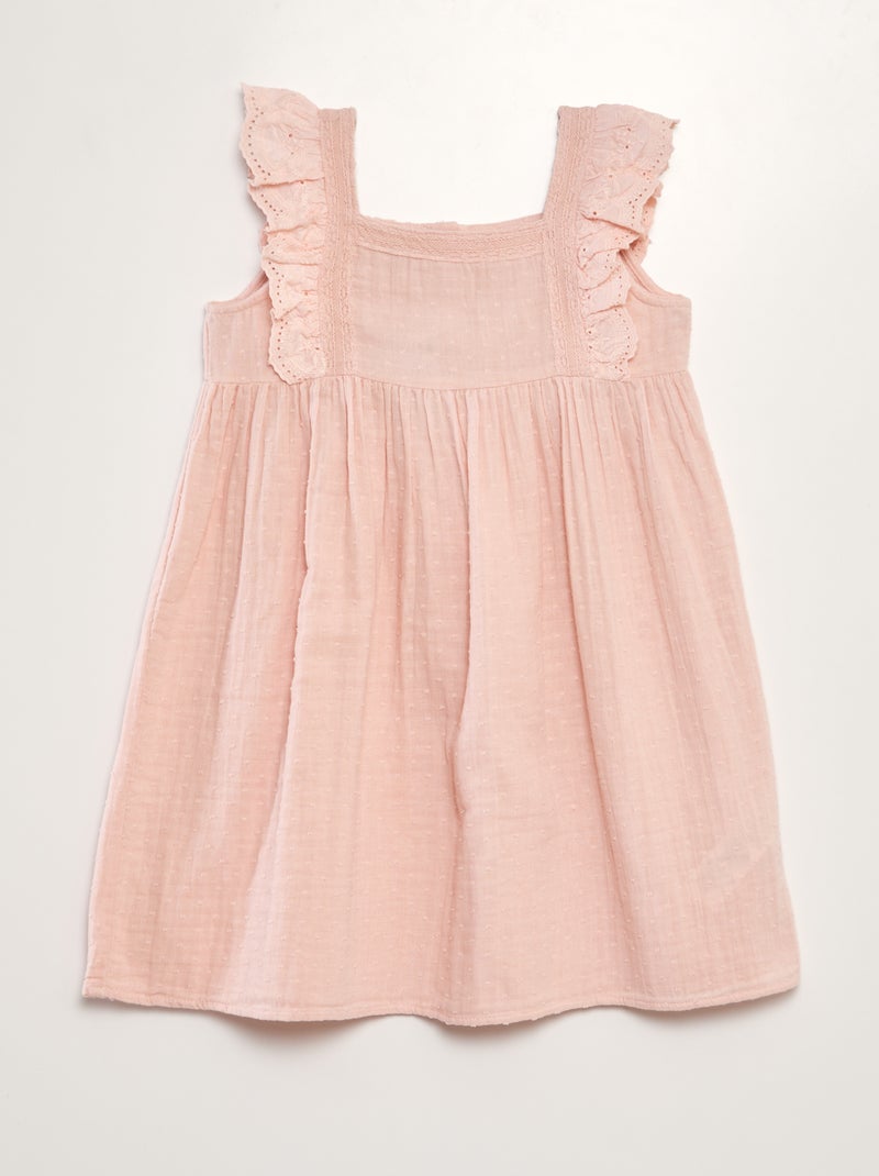 Vestido em gaze dupla de algodão + bordado ROSA - Kiabi