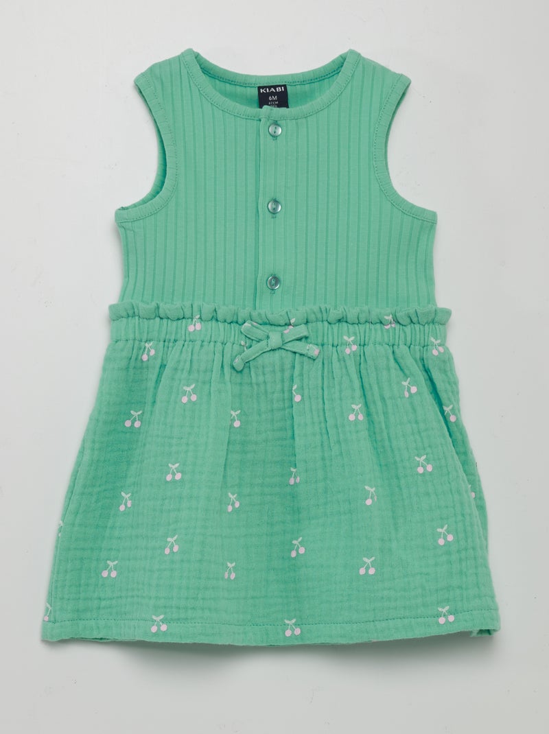 Vestido em gaze dupla de algodão e canelado VERDE - Kiabi