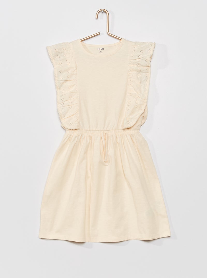 Vestido em jersey com bordados ingleses BRANCO - Kiabi