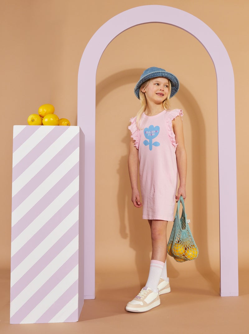 Vestido em jersey com mangas com folhos - Grafik Edition ROSA - Kiabi
