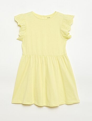 Vestido em jersey com mangas curtas em bordado inglês