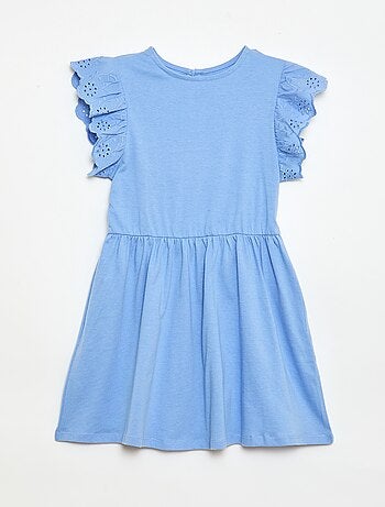Vestido em jersey com mangas curtas em bordado inglês