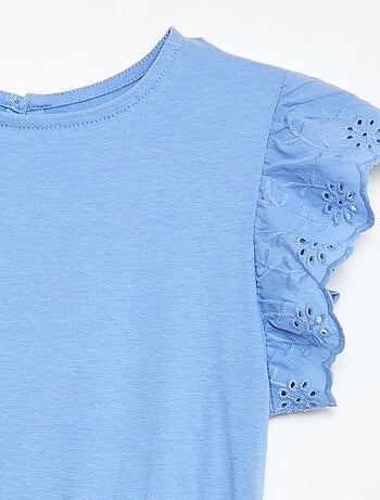 Vestido em jersey com mangas curtas em bordado inglês