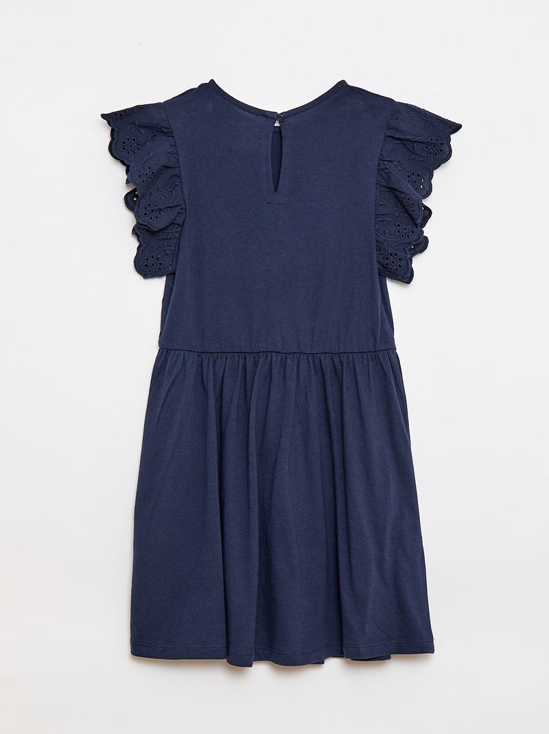 Vestido em jersey com mangas curtas em bordado inglês Azul marinho - Kiabi