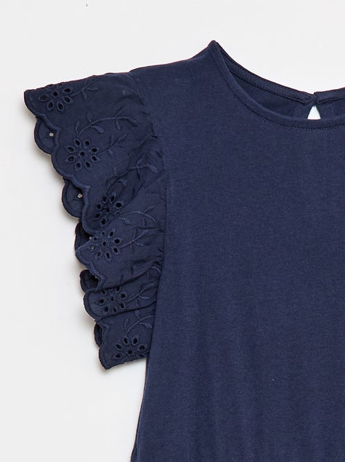Vestido em jersey com mangas curtas em bordado inglês - Kiabi