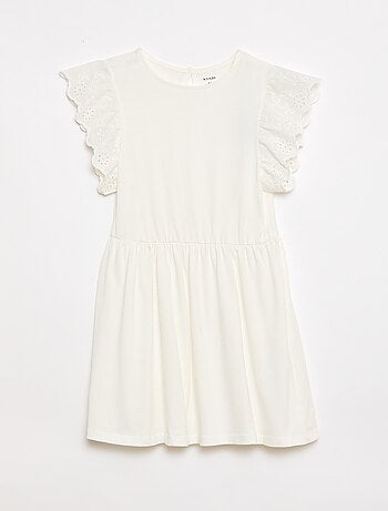 Vestido em jersey com mangas curtas em bordado inglês