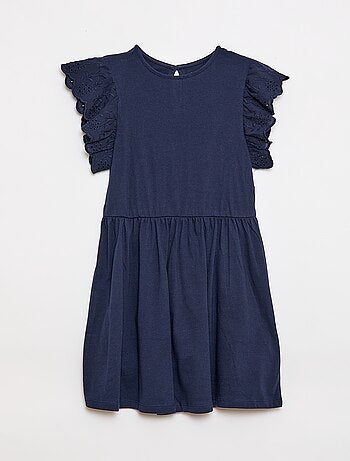 Vestido em jersey com mangas curtas em bordado inglês