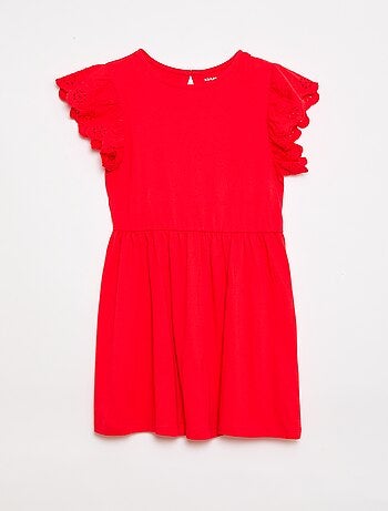 Vestido em jersey com mangas curtas em bordado inglês