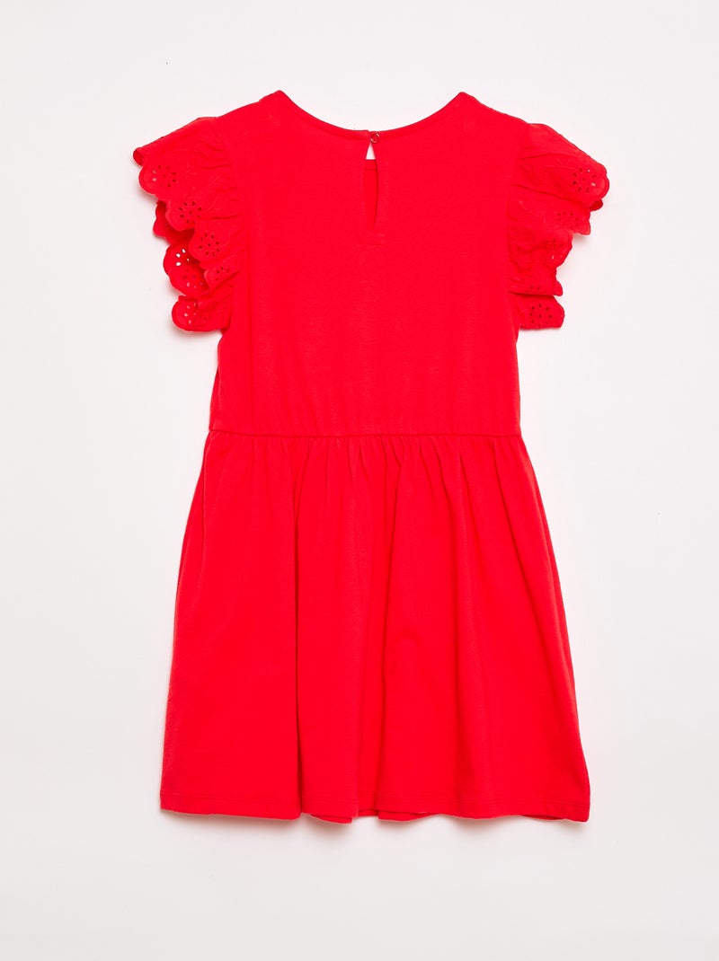 Vestido em jersey com mangas curtas em bordado inglês Vermelho - Kiabi