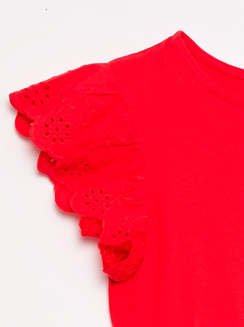 Vestido em jersey com mangas curtas em bordado inglês Vermelho - Kiabi