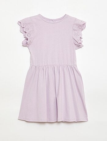 Vestido em jersey com mangas curtas em bordado inglês