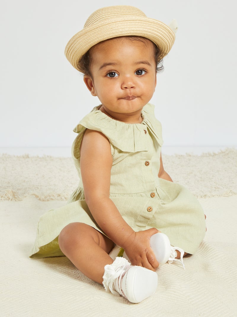 Vestido em linho com gola claudine bege - Kiabi