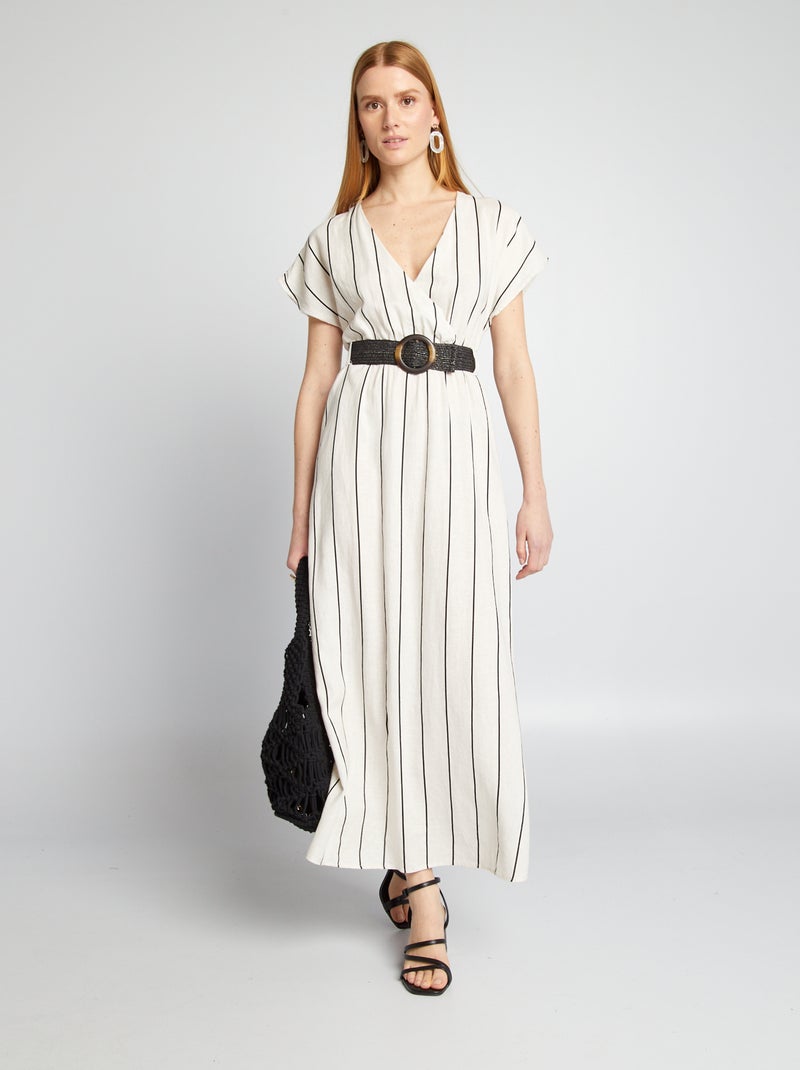 Vestido em linho misturado às riscas BEGE - Kiabi
