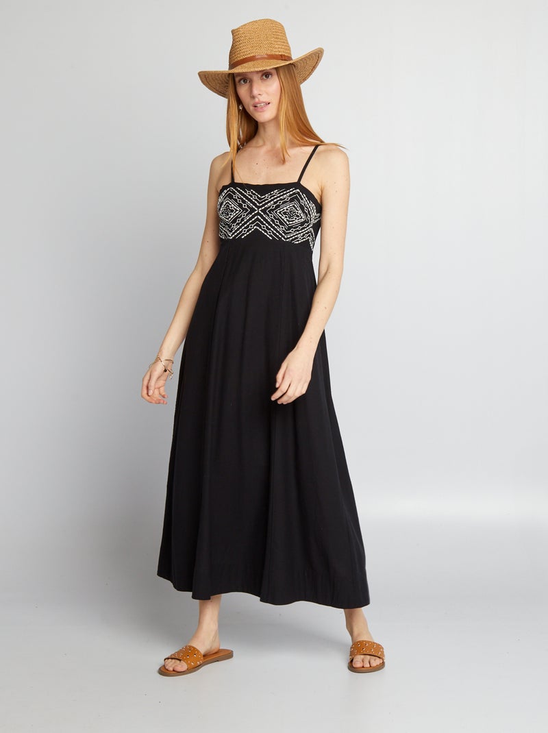 Vestido em linho misturado com bordados Preto - Kiabi