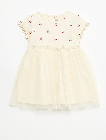 Vestido em malha canelada e tule