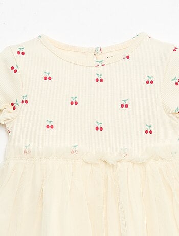 Vestido em malha canelada e tule