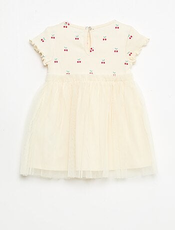 Vestido em malha canelada e tule