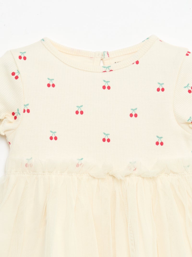 Vestido em malha canelada e tule Branco - Kiabi