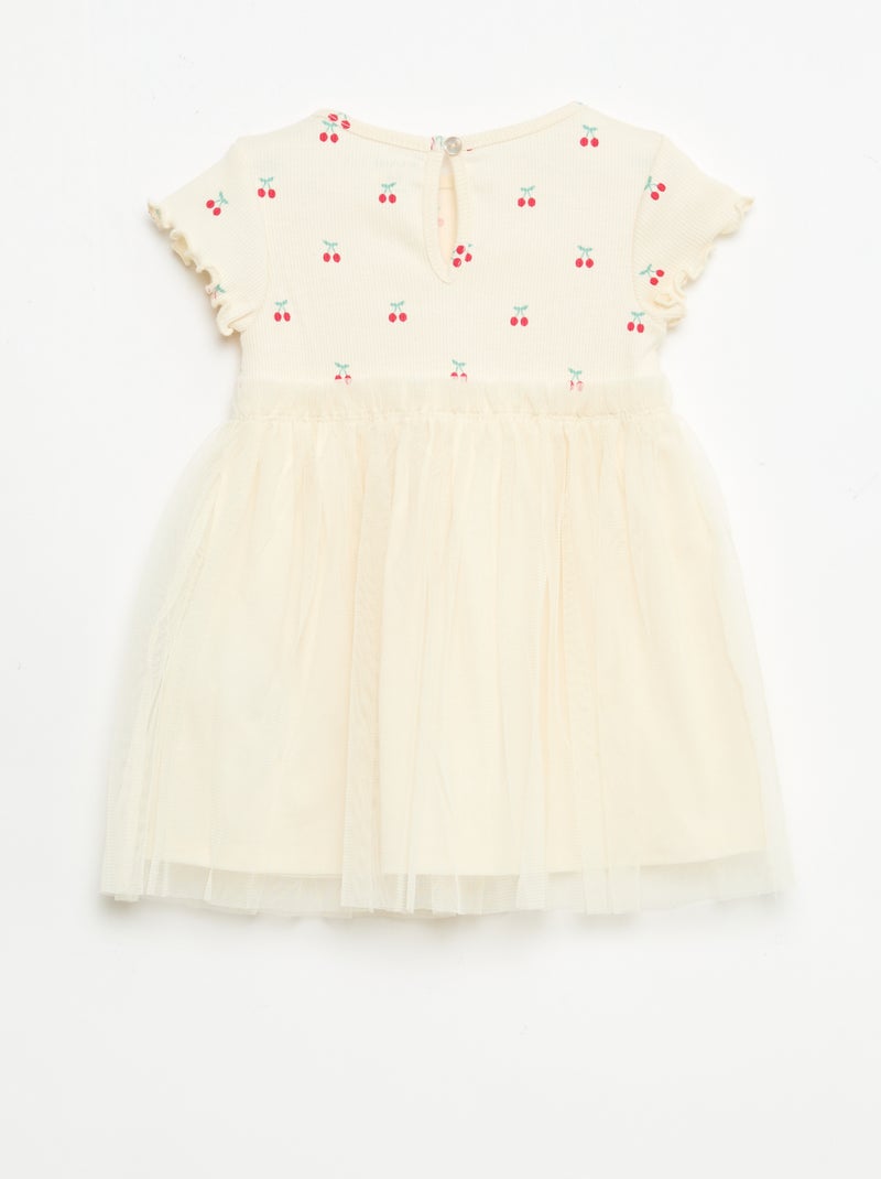 Vestido em malha canelada e tule Branco - Kiabi