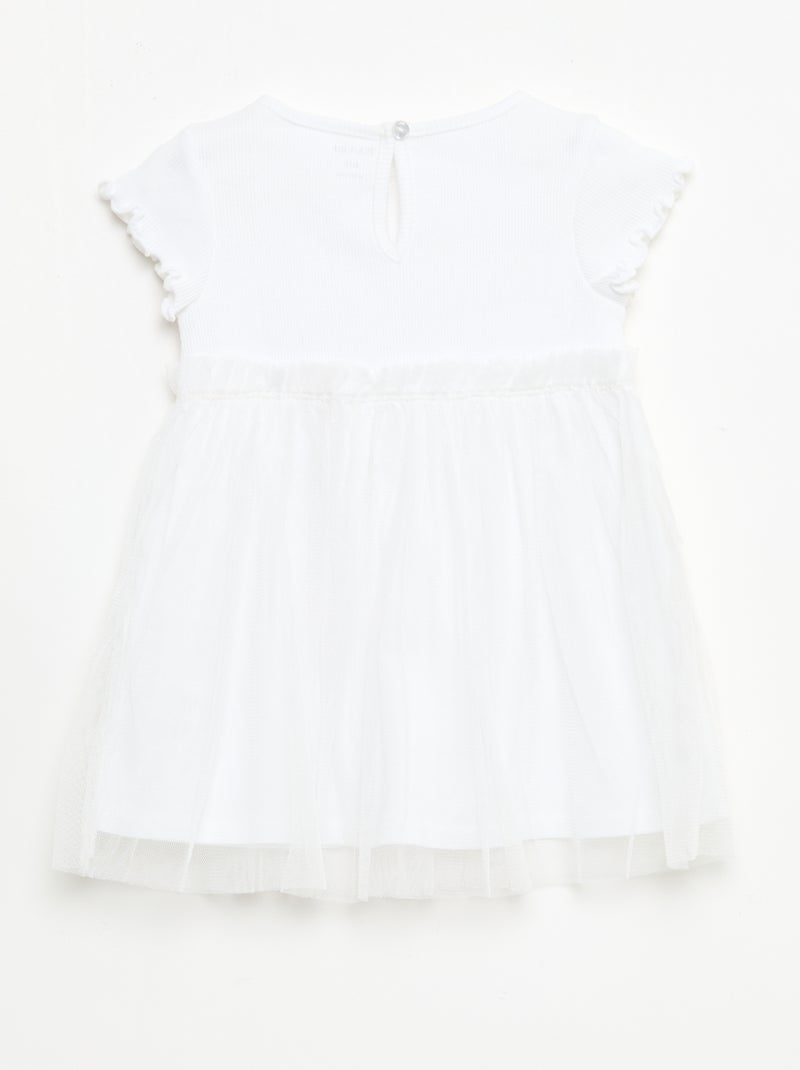 Vestido em malha canelada e tule Branco - Kiabi