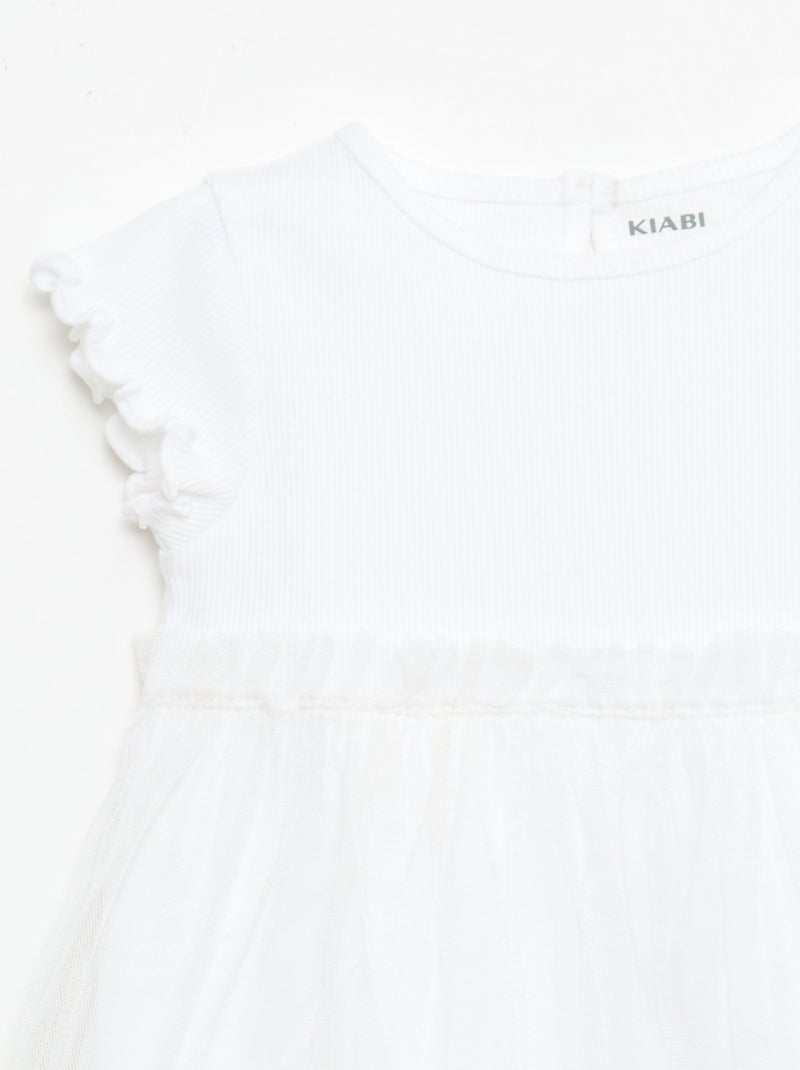 Vestido em malha canelada e tule Branco - Kiabi
