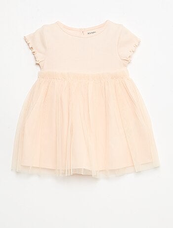 Vestido em malha canelada e tule