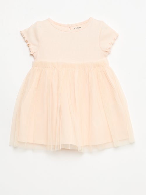 Vestido em malha canelada e tule - Kiabi