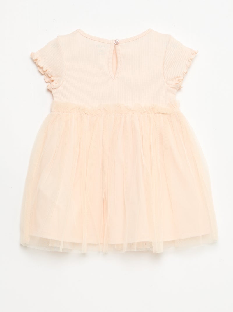 Vestido em malha canelada e tule Rosa - Kiabi