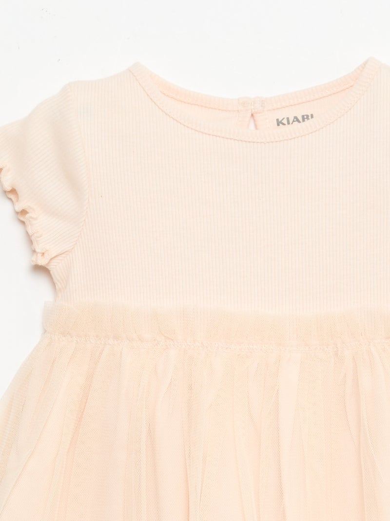 Vestido em malha canelada e tule Rosa - Kiabi