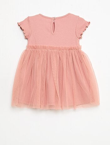 Vestido em malha canelada e tule