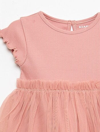 Vestido em malha canelada e tule